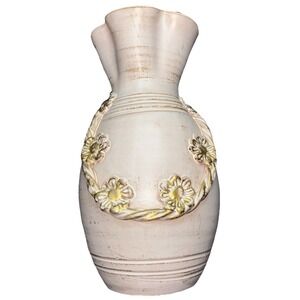 Vintage Italian Ceramiche White Fluted Vase Gold Floral Rope Italy‎ Rare 13"